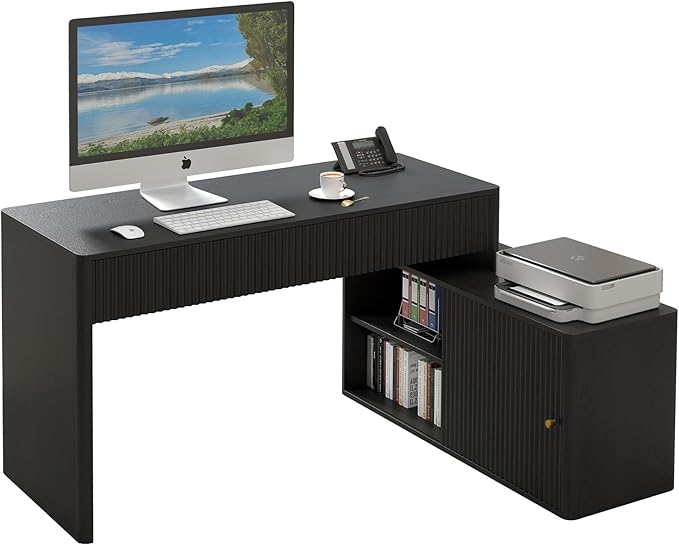 Modern Computer PC Desk Table with Storage Corner L Shaped Desk with Drawers Home Office Desk for Bedroom and Small Space for Writing Executive Study Work Vanity - Black