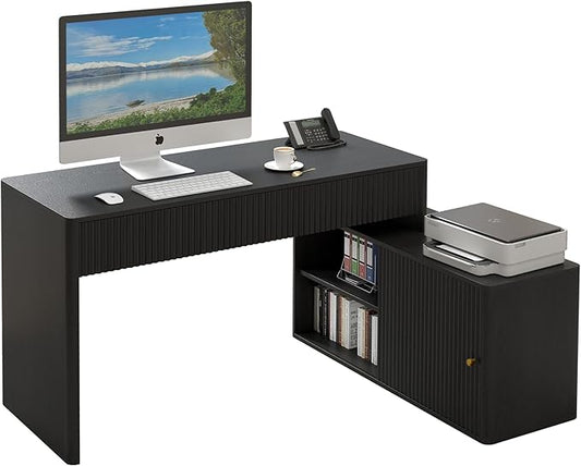 Modern Computer PC Desk Table with Storage Corner L Shaped Desk with Drawers Home Office Desk for Bedroom and Small Space for Writing Executive Study Work Vanity - Black