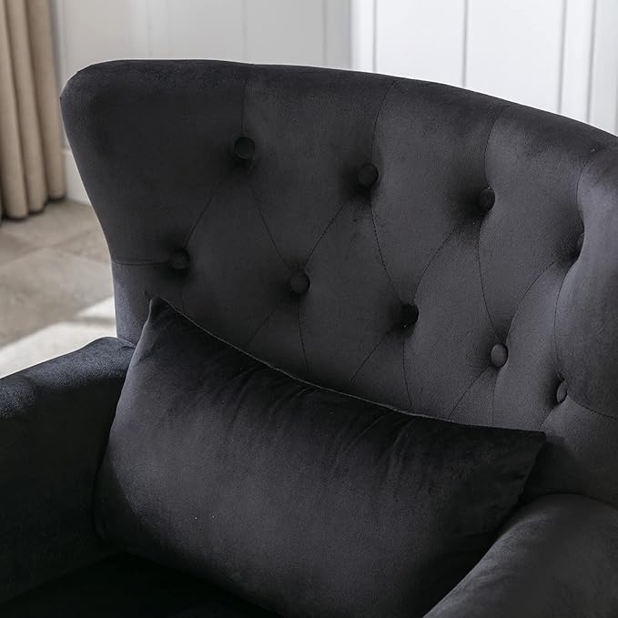 Mid Century Modern Accent Chair Upholstered Armchair Comfy Velvet Tufted Wingback Single Sofa with Ottoman for Bedroom Living Room Black