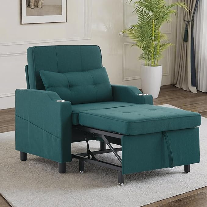 Sleeper Chair 5-in-1 Convertible Chair Bed Pull Out Adjustable Single Armchair Sofa Bed with USB PortsSide PocketCup Holder (Green)