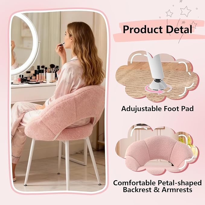 Petal Makeup Vanity Chair with BackUpholstered Makeup Accent Reading Chair No WheelsModern Dining Chair for HomeOfficeBedroomTeddy Plush (Pink)