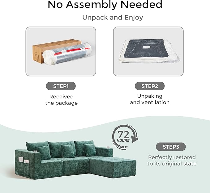 WELAX 104 Modular Sectional Couches for Living Room Boneless Couch L-Shape with Cup Holders &amp Pillows Modern Chenille Cloud Sofa 4 Seater Home Comfy Sofas for Bedroom Green