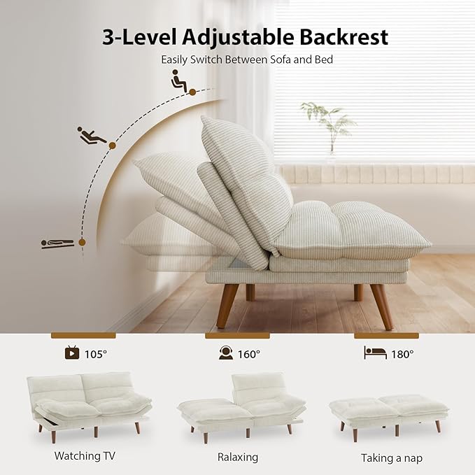 Pipishell Futon Sofa Bed Convertible Futon Adjustable Backrest &amp Armrests Corduroy Sleeper Couch for Small Spaces Living Room Office Guest Room (Pearl White 66 Inch)