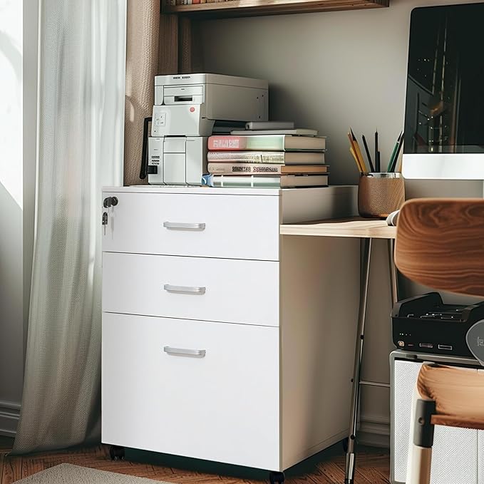QDSSDECO 3 Drawer Mobile File Cabinet Rolling Vertical Filing Cabinet fits A4 Legal Paper and Letter Paper for Home Office White with Lock