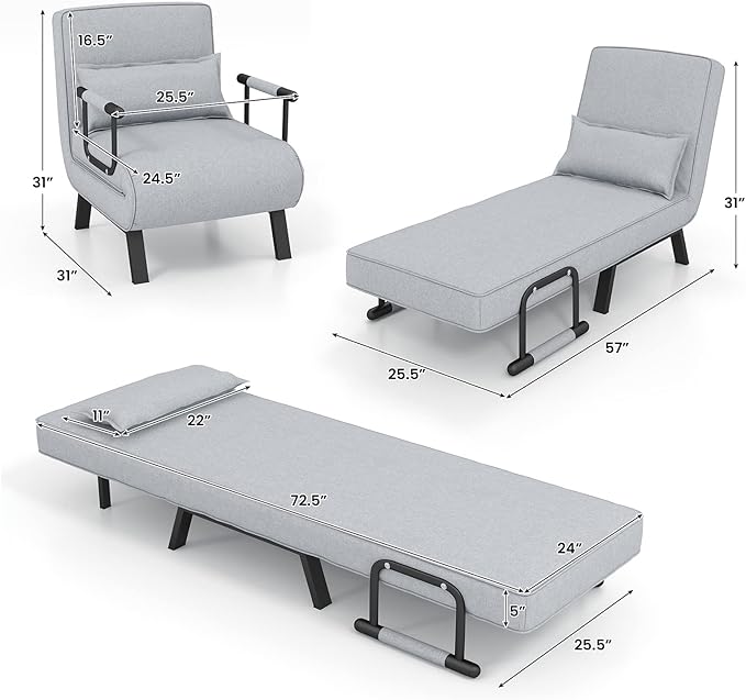 Giantex Convertible Sofa Bed 4-in-1 Sleeper Chair with Pillow Modern Recliner Guest Bed with 6 Positions Adjustable Backrest Metal Legs Linen Fabric Armchairs for Nursery Living Room Office (Gray)