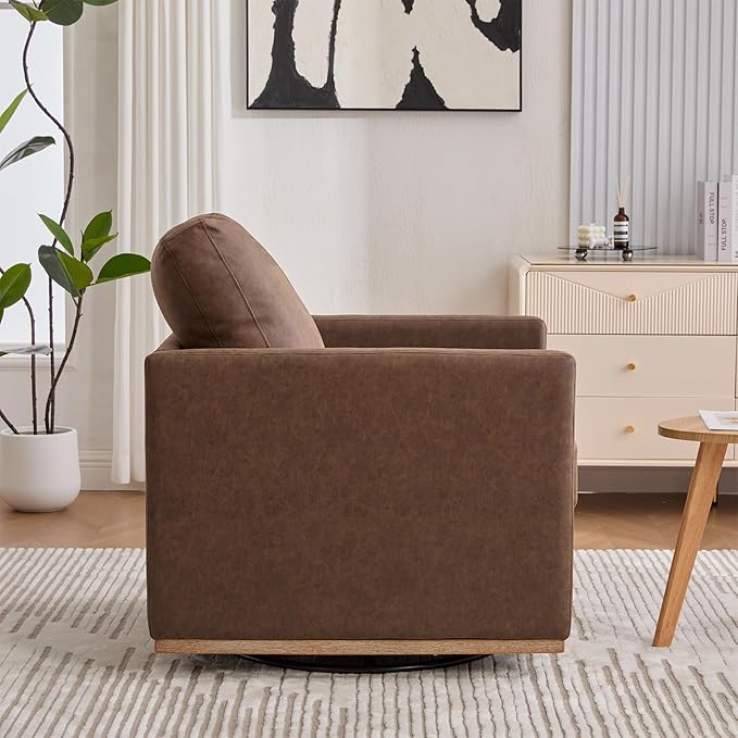 360° Swivel Accent Chair Square Modern Comfy Chair with Metal Base &amp Thicked Cushion Upholstered Lounge Reading Armchair Cozy Cloud Sofa Chairs for Living Room Bedroom Office Club(PU Coffee