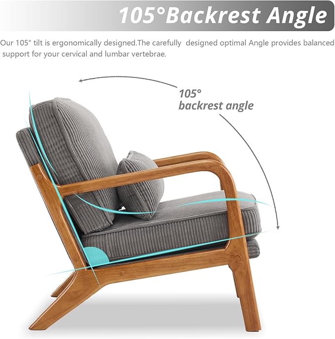 Karl home Mid-Century Modern Accent Chair Living Room Chairs with Pillow Corduroy Upholstered Lounge Armchair with Solid Wood Frame &amp Soft Cushion for Bedroom Reading Room Gray