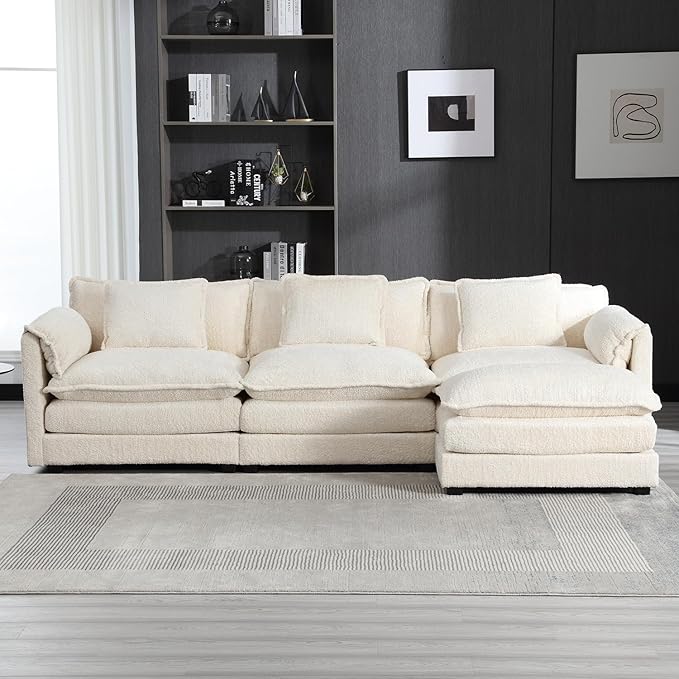 kevinplus 112'' Sectional Sofa Couch with Convertible Ottoman for Living Room Modern Contemporary 3-Seat L-Shape Sofa Couch for Apartment Home Office Thick Cushion &amp Boucle Fabric Beige