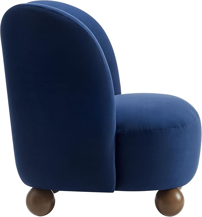 Modway Monroe Performance Velvet Accent Chair in Midnight Blue Walnut - Upholstered Stain-Resistant Barrel Chair - Comfy Lounge Chair - Oversized Round Armless Reading Chair for Living Room