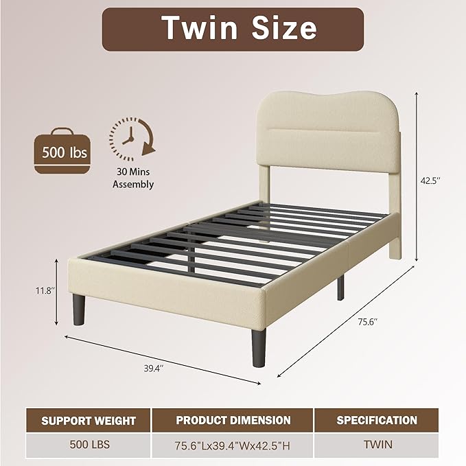 Twin Bed Frames with Headboard Upholstered Bed Frame Twin Teddy Soft Boucle Fabric Twin Size bedframes Soft Cloud Marshmallow Shape Upholstered Headboard No Box Spring Needed Noise Free (Beige)