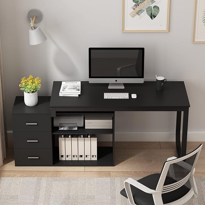 Homsee Home Office Computer Desk Corner Desk with 3 Drawers and 2 Shelves 55 Inch Large L-Shaped Study Writing Table with Storage Cabinet - Black