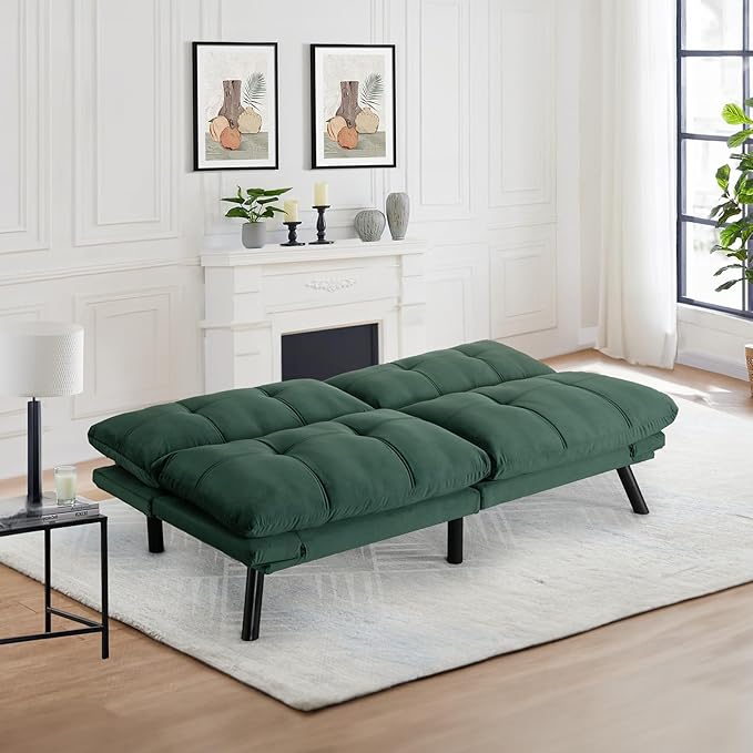 Convertible Velvet Futon Sofa Bed Comfy 72 L Sleeper Couch with Thicker Cushion Upholstered Modern Reclining Loveseat Folding Sofa for Small Living Room Dorm Apartment Office Emerald
