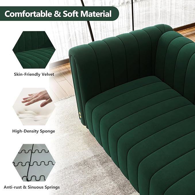 81.3'' Green Velvet Modern Mid Century Deep Seat Sofa Oversized 3-Seater Loveseat Comfy Couch for Living Room and Apartment Furniture