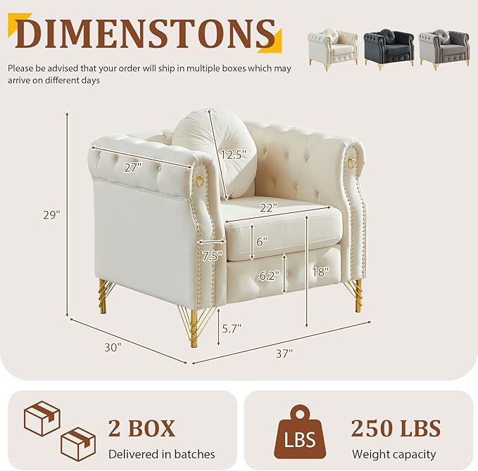 Chesterfield Velvet Button Tufted Sofa 37 inch Modern Deep Seater Couch Retro Style Upholstered Comfy Single Chair for Living Room Bedroom Apartment Office Beige