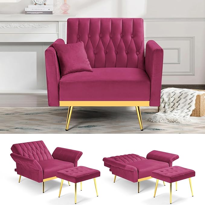 Velvet Accent Chair with Adjustable Backrest and Armrests Single Recliner Armchair with Ottoman and Golden Mental Legs for Living Room Bedroom and Waiting Room Fuchsia