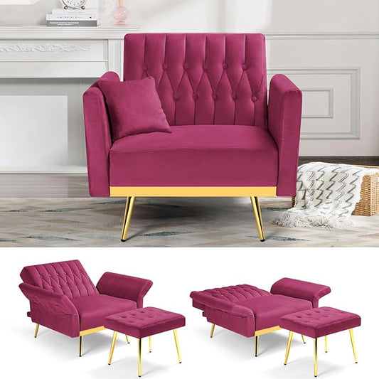 Velvet Accent Chair with Adjustable Backrest and Armrests Single Recliner Armchair with Ottoman and Golden Mental Legs for Living Room Bedroom and Waiting Room Fuchsia