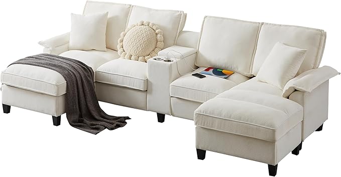 Ball &amp Cast 120 U-Shaped Sectional Couch with 2 Storage Chaise Footrest &amp 2 Throw Pillows4 Seat Corduroy Upholstered Modular Sofa W/2 Cup HoldersUSB Ports &amp Hidden Storage Box for Livin