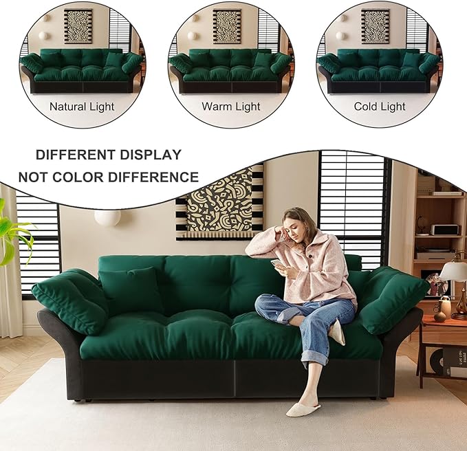 74.8 Queen Size Pull Out Sofa Bed 3-in-1 Convertible Sleeper with 2 Pillows Tufted Velvet Loveseat for Living Room Apartment Bedroom Small Spaces Green | 3-in-1 Convertible Pull Out Sofa Bed V