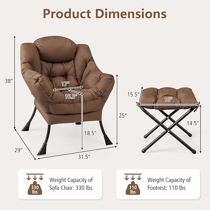 RELAX4LIFE Lazy Chair with Foldable Ottoman - Modern Lounge Accent Chair w/Armrests &amp Side Pocket Upholstered Leisure Sofa Armchair with Footrest for Reading Living Room Bedroom Dorm (Brown)