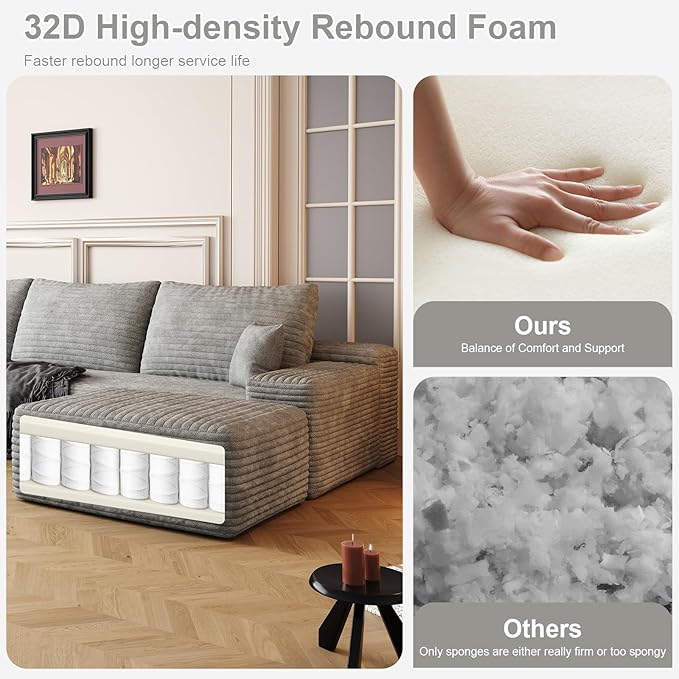 107.5 U Shaped Boneless Couch with Chaise ‌and Ottoman‌ Oversized Modular Sectional Sofa with Deep Seat Corduroy Cloud Couches for Living Room No Assembly Required Grey | Oversized Modular Deep