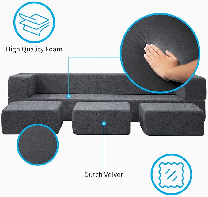 Mjkone Queen Convertible Velvet Futon Sofa Bed with 3 Ottomans Memory Foam Fold Out Couch Bed Foldable Floor Sofa Guest Sleeper for Living RoomDark Grey