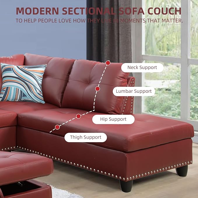 L Shaped Sectional Couch with Storage Ottoman Modern Nailhead Comfy Lounge Sofa with Reversible Cup Holder &amp Chaise 97 4 Seat Modular Sofá for Living Room Apartment Red