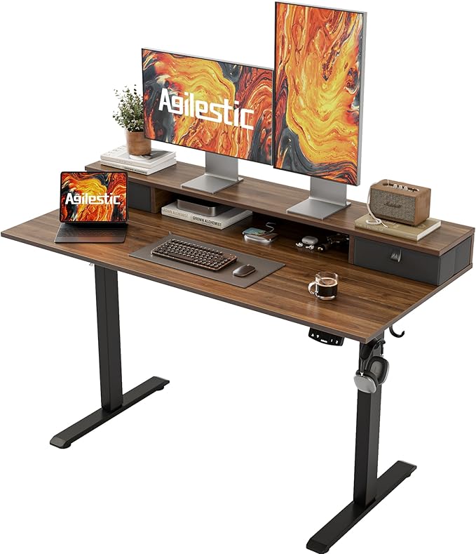 Agilestic 48 x 24 Inches Electric Standing Desk with 2 Storage Drawers Adjustable Height Sit and Stand Computer Table with Splice Board Dark Walnut