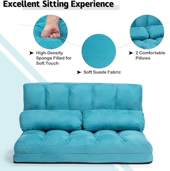 KOMFOTT Adjustable Floor Sofa Bed Foldable Lazy Sofa Sleeper with 6 Position Backrest &amp 2 Pillows Convertible Futon Couch with Suede Cloth Cover Lounge Recliner for Living Room
