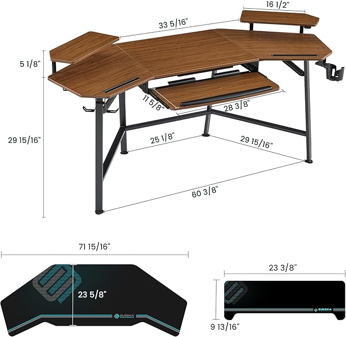 EUREKA ERGONOMIC 72 Gaming Desk W Keyboard Tray Wing-Shaped Music Studio Desk Large Computer Table W LED Convertible Monitor Stand Dual Headphone Hanger for Recording Live Streamer Walnut Wood