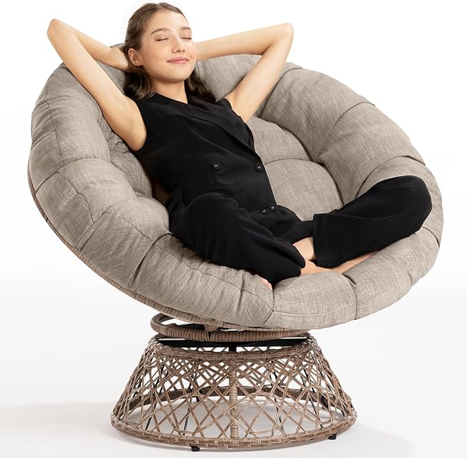 Bme 40 Ergonomic Wicker Papasan Chair with Soft Thick Cushion &amp Frame 360° Swivel Circle Reading Comfy Chair for Living Room Bedroom