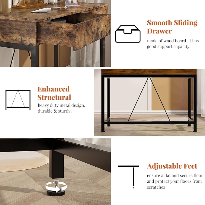 VERMESS 40 Inch Solid Wood Desk with Drawers Small Computer Desk for Small SpaceModern Makeup Vanity Desks No Mirror Writing/Study/Work Table for Home Office Kids Desks for Bedroom Rustic Brown