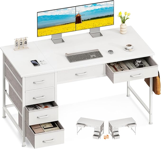 ODK Computer Desk with 6 Drawers 48 Inch Office Desk with Storage Reversible Desk with Headphone Hook for Home Office Work Study Table Vanity for Bedroom White