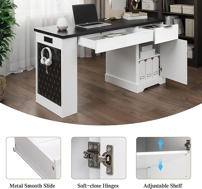 55 Fluted Office Desk with USB Charging Pegboard Organizer Convertible Keyboard Tray &amp Adjustable Storage Cabinet Modern Home Office Computer Desk