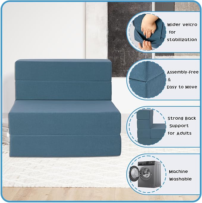 Folding Sofa Bed 4 in 1 Convertible Sleeper Chair with Washable Cover Memory Foam Fold Out Chair Bed Portable Floor Futon Sofa Couch for Living Room Dorm Guest Room Home Office Blue | Folding