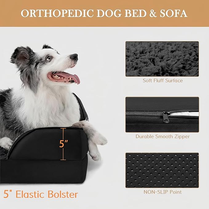Comfort Expression Orthopedic Dog Bed for Extra Large Dogs 48x30 Inch Waterproof Egg Crate Foam XXL Pet Bed with Removable Bolsters Dog Couch with Washable Cover &amp Non-Slip Bottom Black