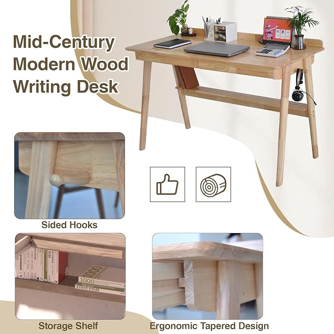 Mid-Century 39 Desk Solid Wood Writing Desk with 2 Drawers and Lower Shelf Home Office Table for Study or Work or Dining with 2 Hanging Rod Natural