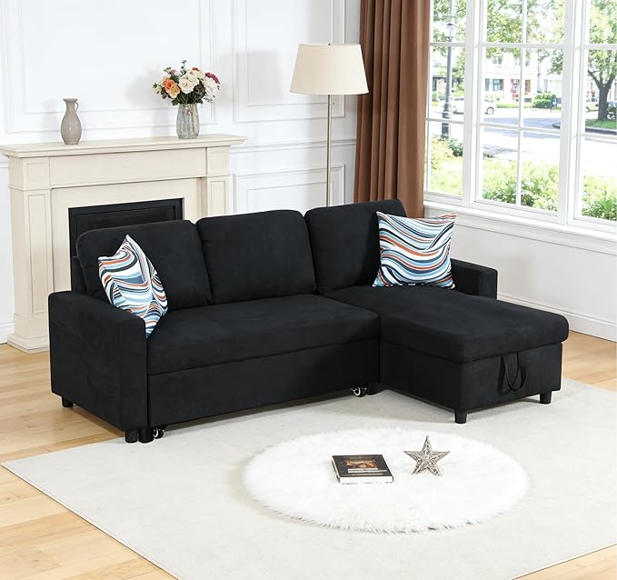 Sectional Sleeper Sofa with Pull Out Bed L Shaped Pull Out Couch with Storage Chaise 3 Seats Convertible Couch Bed for Apartment Living Room Black