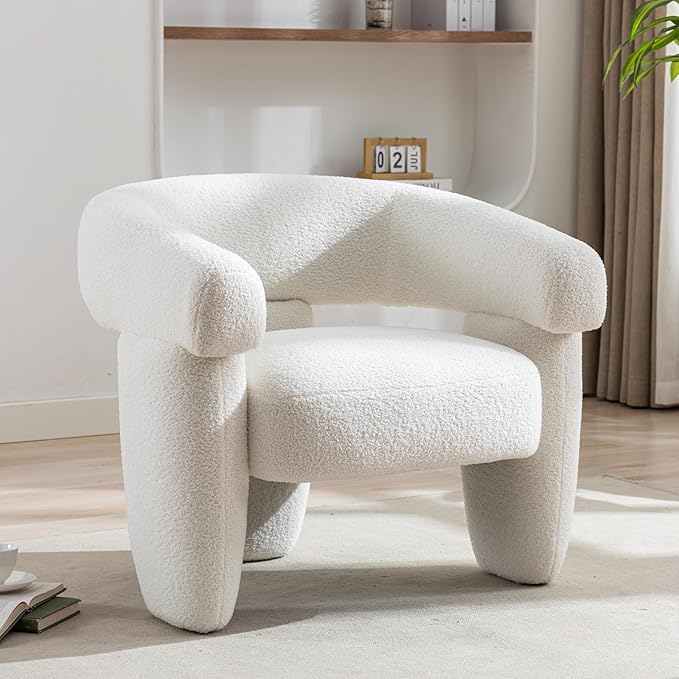 Mid Century Modern Accent Barrel Chair Comfy Upholstered Round Armchair with Montage Design Sherpa Boucle Lounge Chair for Living Room Bedroom Apartment Cream White