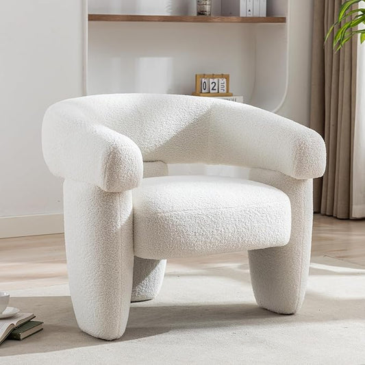 Mid Century Modern Accent Barrel Chair Comfy Upholstered Round Armchair with Montage Design Sherpa Boucle Lounge Chair for Living Room Bedroom Apartment Cream White