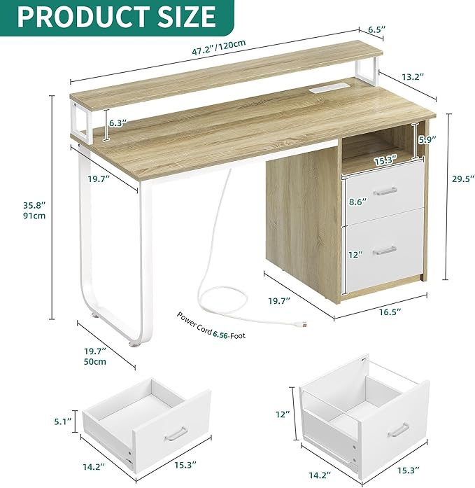YITAHOME Computer Desk with Drawers 47.2 Office Desk with Power Outlets &amp LED Light Home Office Desk with Storage Shelves White &amp Oak