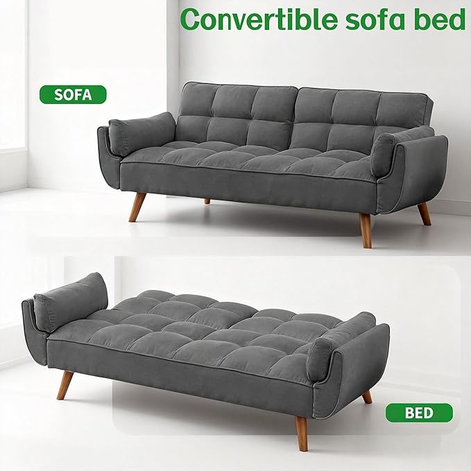 Convertible Futon Sofa Bed Modern Futon Couch with 2 Pillows Small Futons Couch with Adjustable Armrest &amp Backrest Loveseat Sofa Bed for Living Room Bedroom Deep Gray