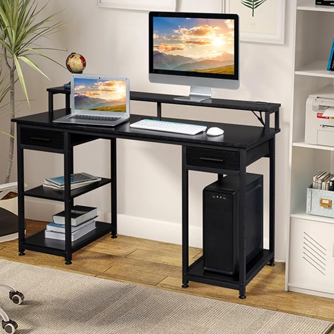 Black Modern Home Office Desk Rustic Computer Desk with Storage Cabinet Wood Home Office Desk with 2 Power Sockets and 2 USB Power Interfa