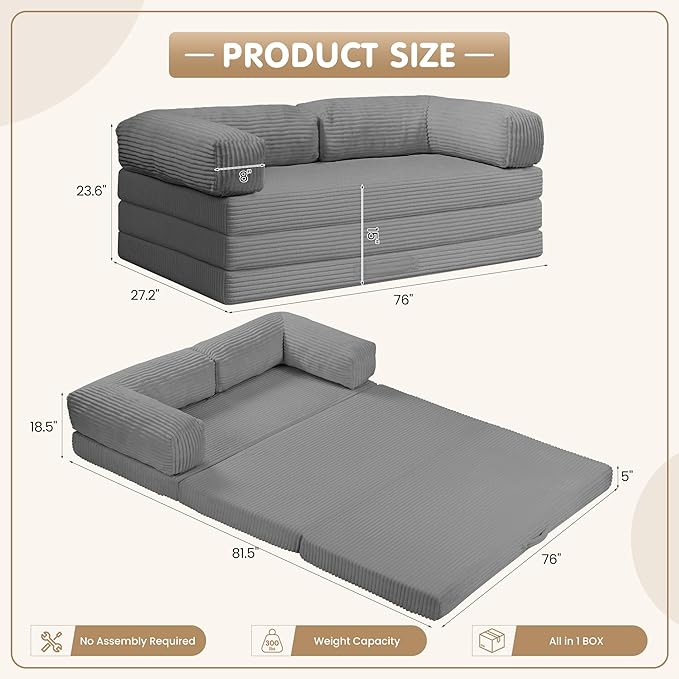 5-in-1 Convertible Sofa Bed76 Boneless Couch Tri Folding Floor Mattress with Removable L-Shaped Armrests &amp HandleCorduroy Futon Couch Sleeper with Pull Out Bed for Living Room Bedroom Apartment