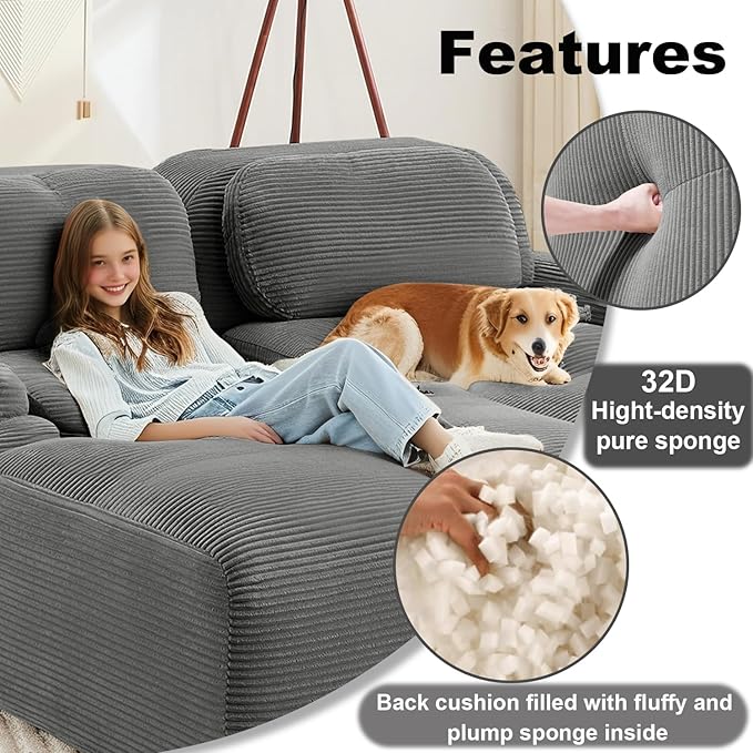 116.1 Modular Sectional Sofa Boneless Cloud Couch 3-Seater Deep Seat Cloud Couch Luxury Corduroy Fabric Sofa for Living Rooms Bedrooms Apartment (Grey 116.1inch+2Ottoman)