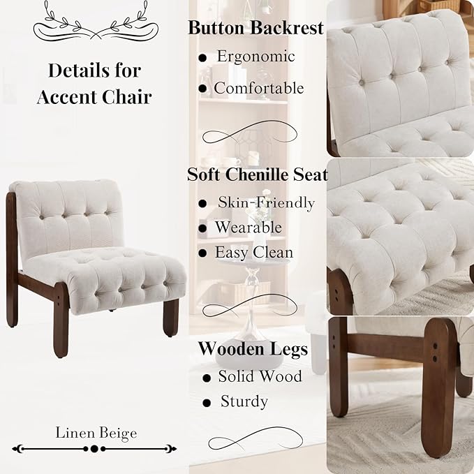 HEAH-YO Accent Chair Set of 1Modern Vintage Living Room Chair for Bedroom with Button Tufted Back and Wood LegsUpholstered Comfy Reading Chair for Makeup Vanity CafeChenille Beige