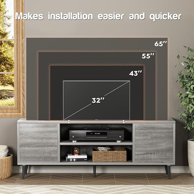 YESHOMY Modern TV Stand for 65 Television Entertainment Center with Two Storage Cabinets Retro Style Media Console for Living Room Bedroom Office 58 Inch Light Gray