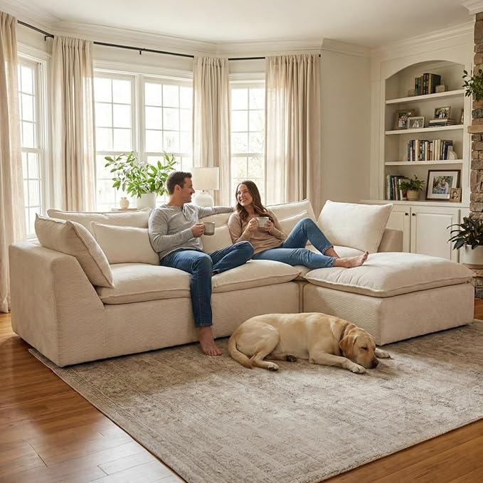 102 Cloud Sectional Sofa with Ottoman Waffle Knit Boneless Couch for Living Room Deep Seat Modular Foam Sofa Anti-Sagging 3-Seater SetWhite