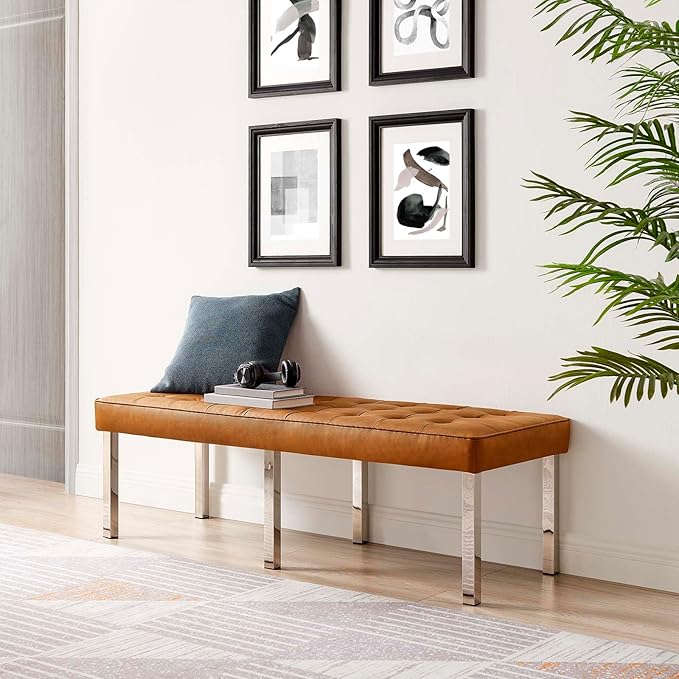 Modway Loft Tufted Button Faux Leather Upholstered Large Accent Bench in Silver Tan