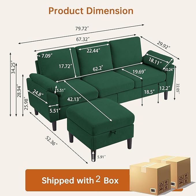 79 Convertible Sectional Sofa Modern L Shaped 3 Seat Couch with Reversible Ottoman Small Sectional Couches for Living Room Apartment (Green)