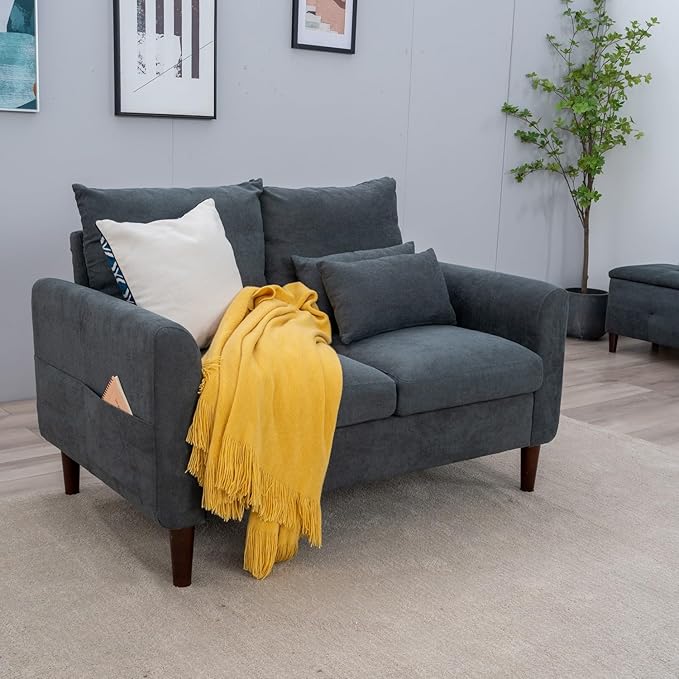 Panana 2 Seater Sofa Lounger Couch with Storage Pocket Armrests Wood Legs Cushion Back Couch Modern Design Compact Home Bedroom Loveseat (Gray Linen 2 Seater loveseat)